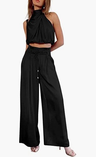 Women's 2-Piece Suit 2023 Summer Fashion Casual Sleeveless Boat Neck Crop Top Wide-Leg Pants