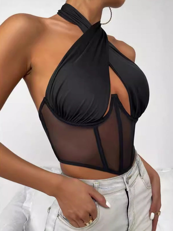 Top Tipo Corsé de Malla con Cuello Halter Cruzado