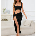 Vestido Largo con Abertura Abdominal y Nudo Lateral