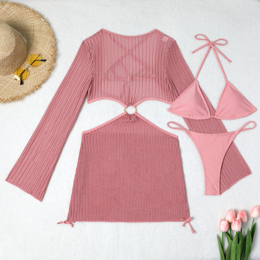 Set Playero de 3 Piezas: Bikini y Vestido de Malla Cut-Out