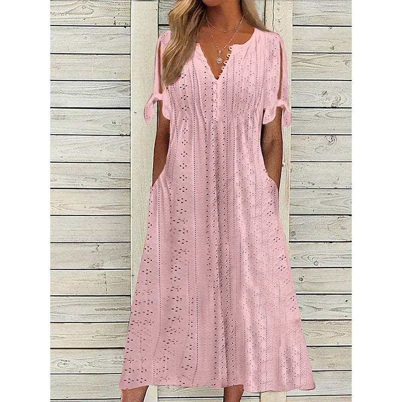 2023 Summer New Cross-border European and American Women's Dress Amazon Women's Hole Hollow V-Neck Lace Ruffles