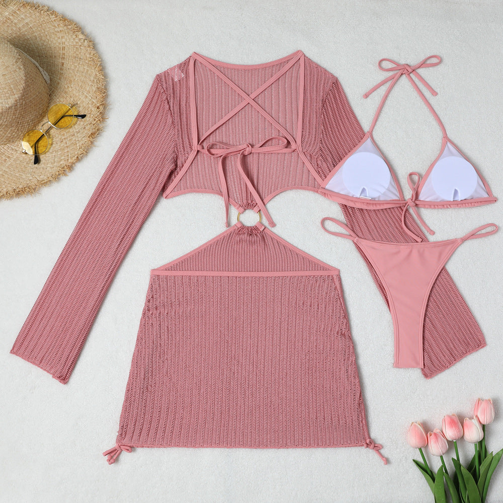 Set Playero de 3 Piezas: Bikini y Vestido de Malla Cut-Out