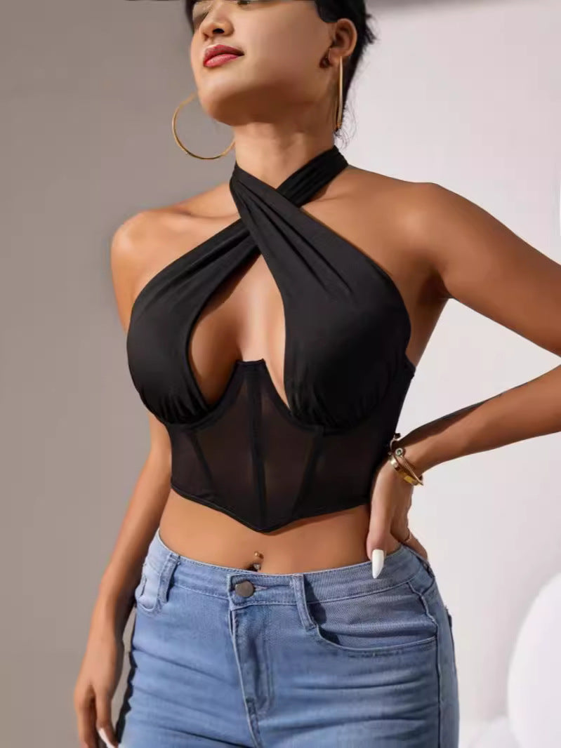 Top Tipo Corsé de Malla con Cuello Halter Cruzado