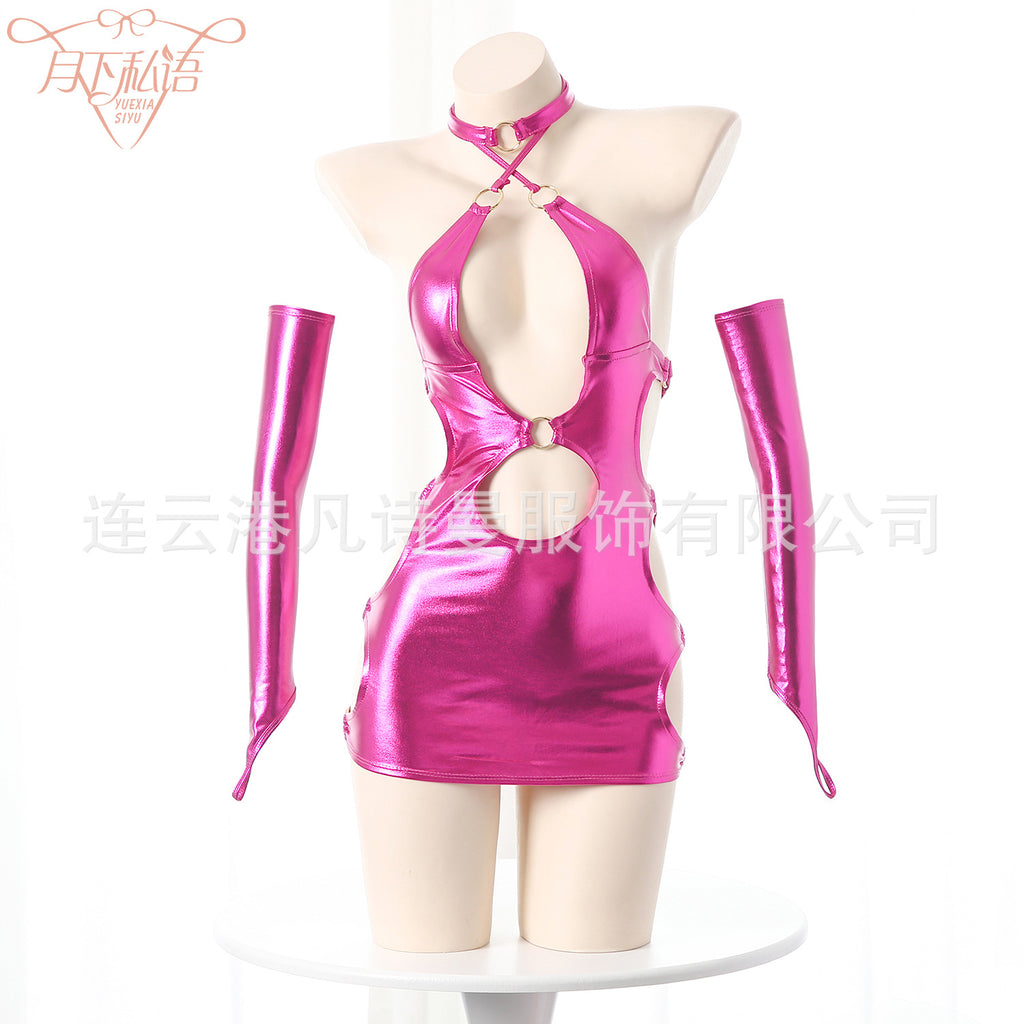 Sexy Lingerie Cos Anime Uniform Sexy Slim Fit Patent Leather Halter Hollow Dopamine Short Skirt Cosplay