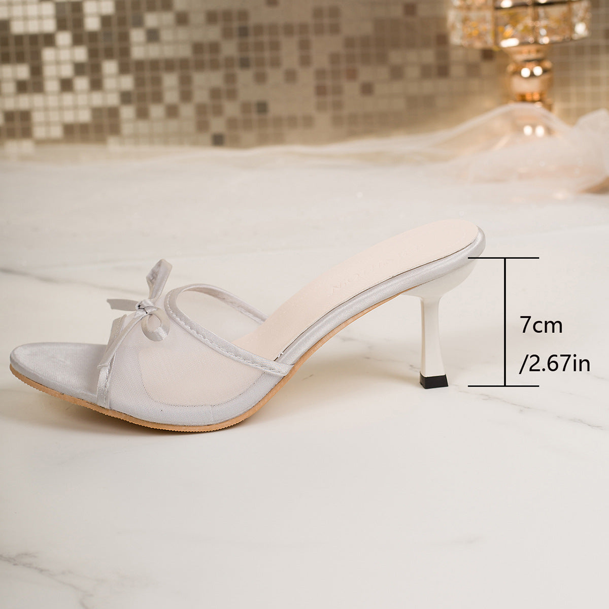 Foreign Trade Large Size Women's Shoes 2025 Spring New One-Line Slippers Mesh Fabric Bow Decorated High-Heeled Sandals