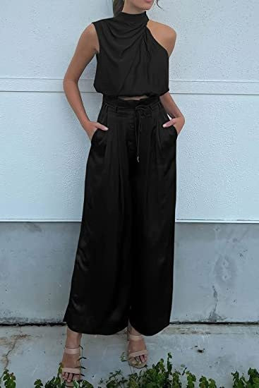 Women's 2-Piece Suit 2023 Summer Fashion Casual Sleeveless Boat Neck Crop Top Wide-Leg Pants