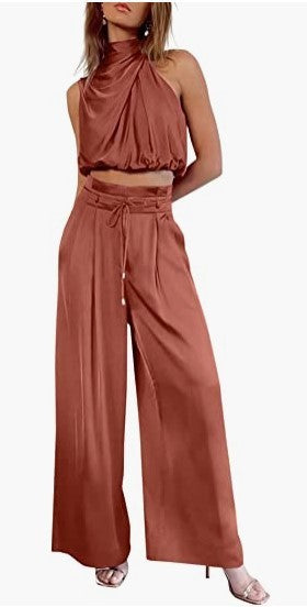 Women's 2-Piece Suit 2023 Summer Fashion Casual Sleeveless Boat Neck Crop Top Wide-Leg Pants