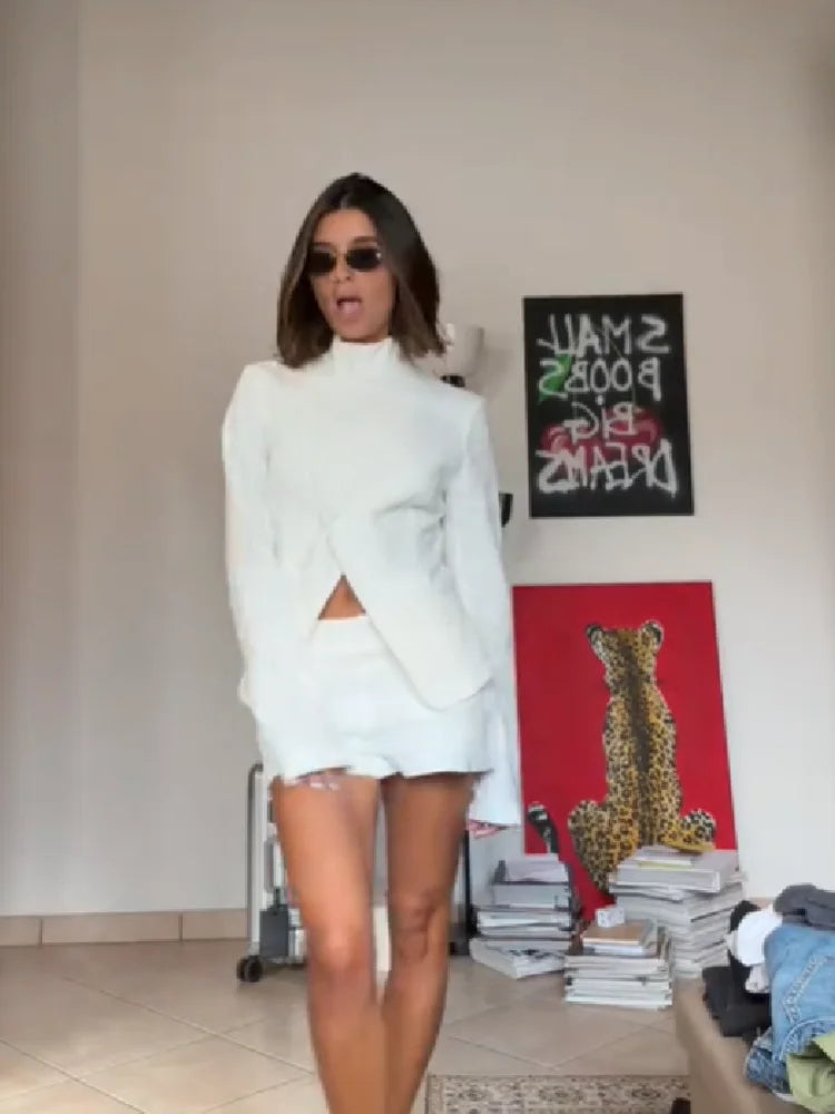 Women's Elegant White Linen Two-piece Outfit Asymmetric Long Sleeved Stand Collar Blazer Jacket Cozy High Waist Shorts Set