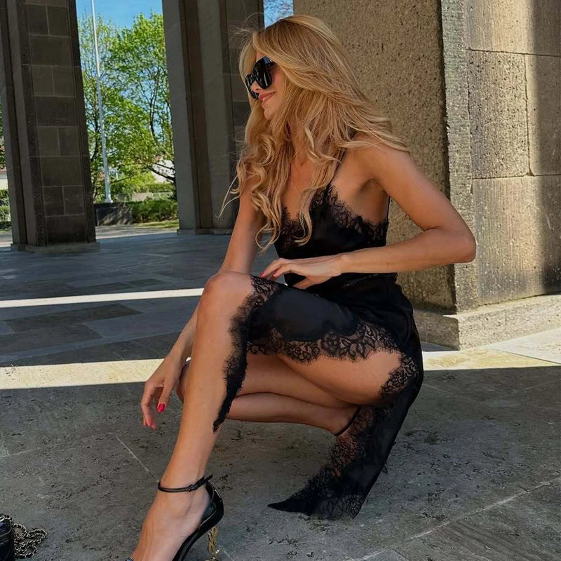 MUJER 2026 Lace Slip Dress Woman Black Backless Short Dresses for Women Asymmetric Party Women's Summer Dress Satin Sexy Dresses