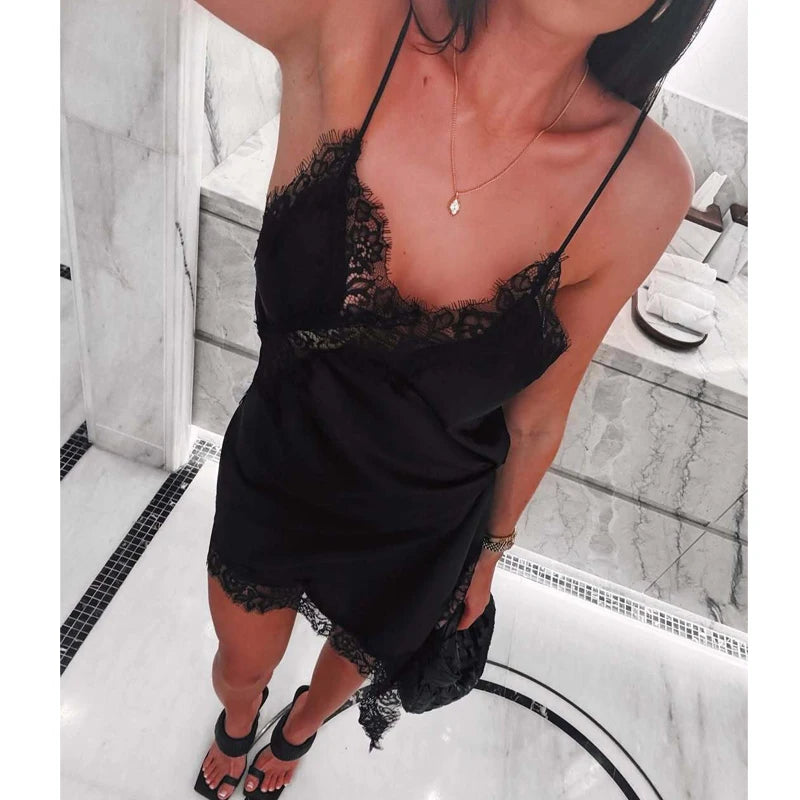 MUJER 2026 Lace Slip Dress Woman Black Backless Short Dresses for Women Asymmetric Party Women's Summer Dress Satin Sexy Dresses